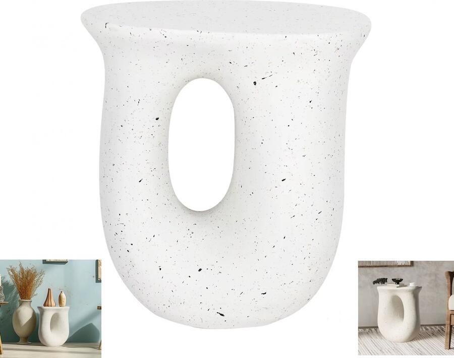 J&R Stenen bijzettafel Eindtafel Banktafel Plantenstandaard U-vorm Lichtgewicht beton Organisch Gebroken wit