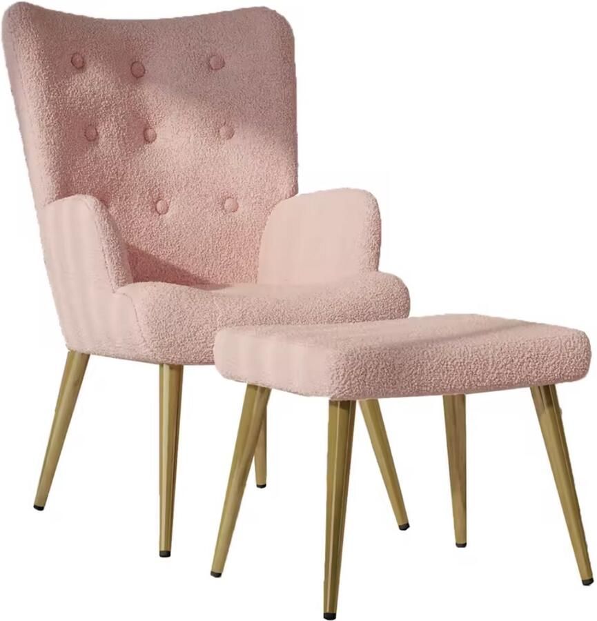 J&R Stoel leesstoel Woonkamer stoel Fauteuil Stoel met voetenbank Stoel met hocker Teddy stof Bouclé Roze