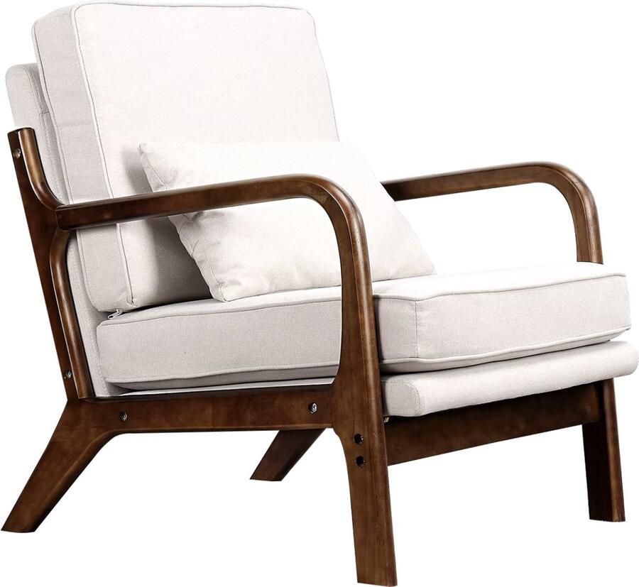 J&R Stoel Retro stoel Zachte stoel Woonkamer stoel Fauteuil Donker houten frame Beige linnen kussens - Foto 2