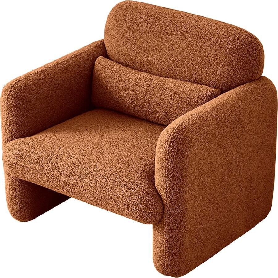 J&R Stoel Teddystof Fauteuil teddystof Zachte stoel Relax stoel Massief hout frame Bouclé Bruin sherpa stof