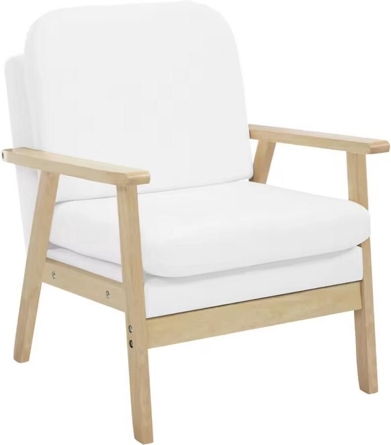 J&R Stoel Retro stoel Zachte stoel Woonkamer stoel Fauteuil Donker houten frame Beige linnen kussens