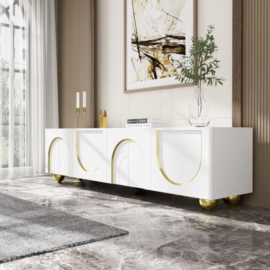 J&R TV Meubel Dressoir Luxe Tv Kast 4 Deuren Getextureerde deuren Gouden Ornamenten Gouden poten Greeploos Push to open Wit