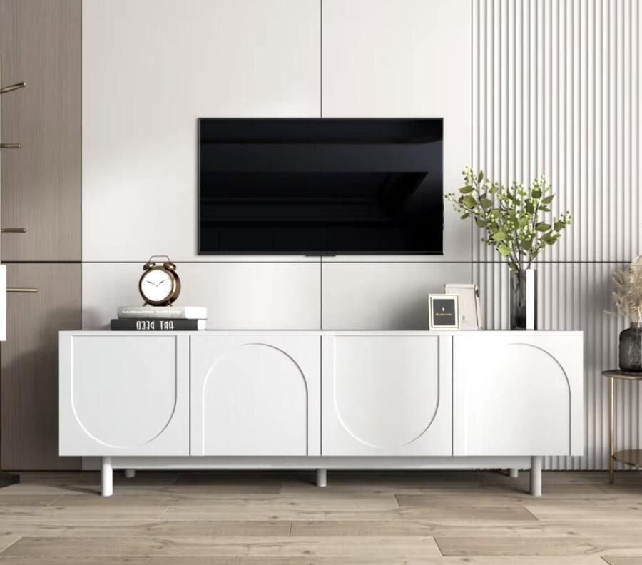 J&R TV Meubel Dressoir Luxe Tv Kast 4 Deuren Getextureerde deuren Greeploos Push to open Wit
