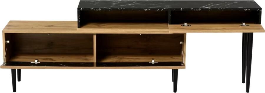 J&R TV Meubel Dressoir Luxe Tv Kast 4 vakken Marmerlook blad Hout Bruin Zwarte poten In lengte te verstellen