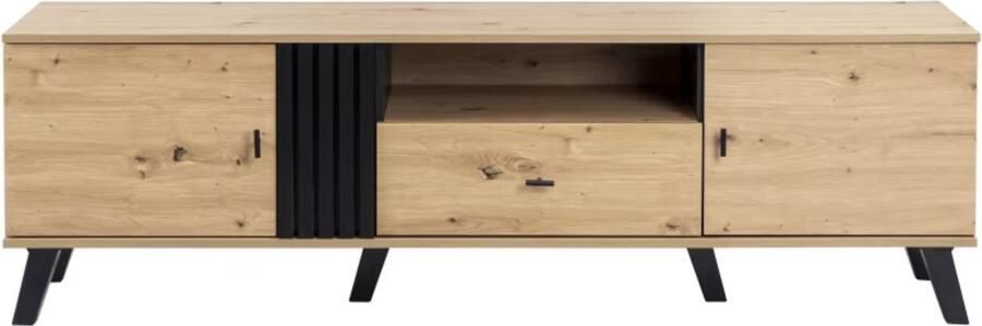 J&R TV Meubel Dressoir TV kast Televisie kast Deuren en Lade Houten strips Bruin en zwart 170x50x40