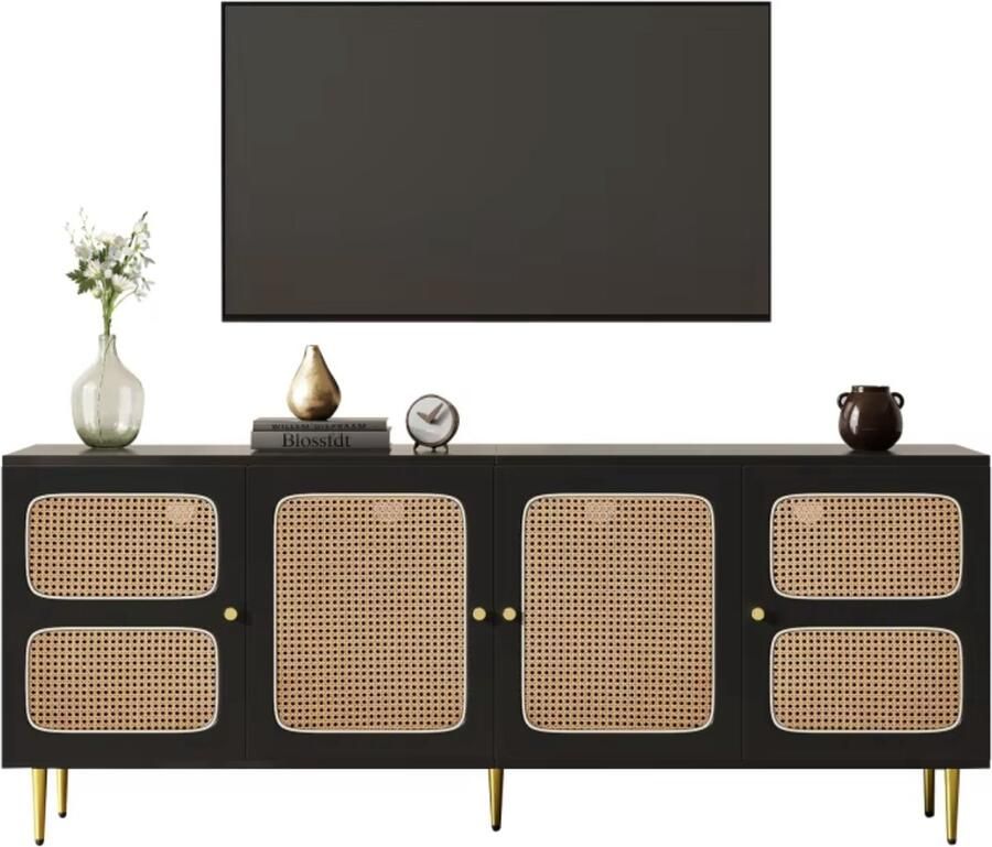 J&R TV Meubel Hoog Dressoir Televisie Kast 4 Deuren Hoogte verstelbare planken Kabelbeheer Rotan -Zwart