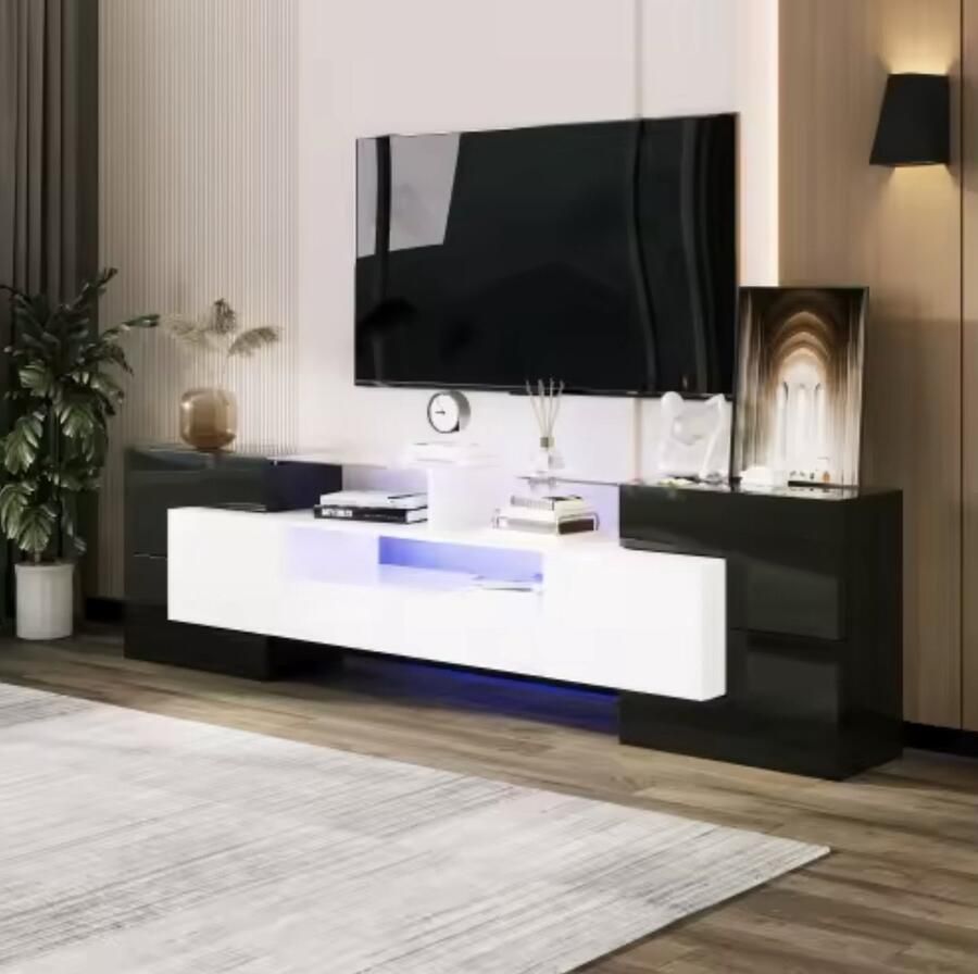 J&R TV meubel TV kast Televisie meubel 6 Deurtjes 2 lades Glazen bovenkant LED verlichting Hoogglans wit Zwart Wit 200x60x30cm