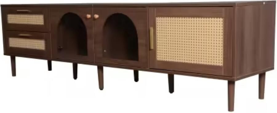 J&R TV meubel TV kast Televisie meubel Deurtjes en lades Glazen deuren Rotan Bruin 180x40x50cm