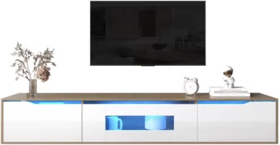 J&R TV meubel Wandmeubel Vloermeubel Zwevend Lage kast Hoogglans Tv-Kast TV meubel hout Veelkleurige Led Verlichting Wandmontage 180X33X30 cm