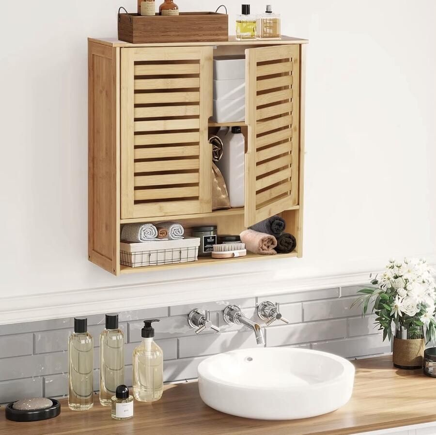 J&R Wandkast Badkamerkast Houten kast met deurtjes Keukenkast Bamboe 66.5x59x22.5cm