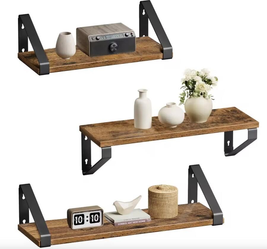 J&R Wandplank Muurplank Ophangrek Industriële Wandplank Plank Set van 3 planken 3 maten Industrieel Bruin Zwart