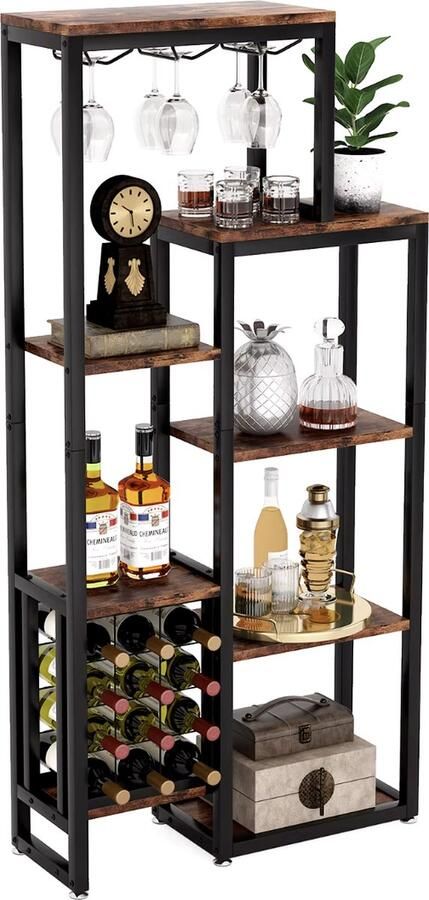 J&R Wijnkast Wijnrek Drankkast Kast Wijnglashouders Flessenhouders Industrieel Hout en metaal Bruin Zwart 175x80x30cm