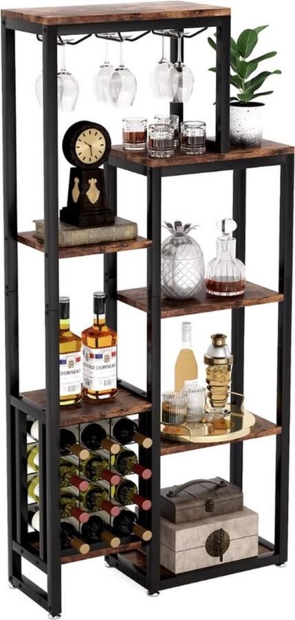Wijnkast Wijnrek Drankkast Kast Wijnglashouders Flessenhouders Industrieel Hout en metaal Bruin Zwart 175x80x30cm