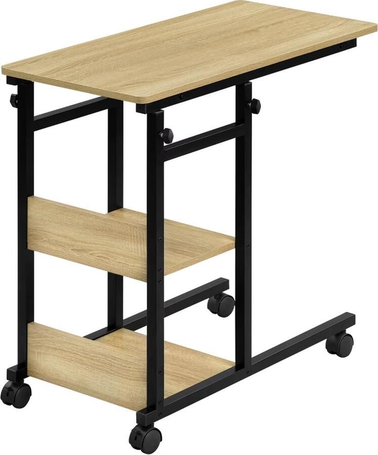 J&R Zijtafel Bijzettafel Sidetable Tafel over bed Tafel over bank Eindtafel Hoogte verstelbaar Met wielen Light Oak Zwart metaal