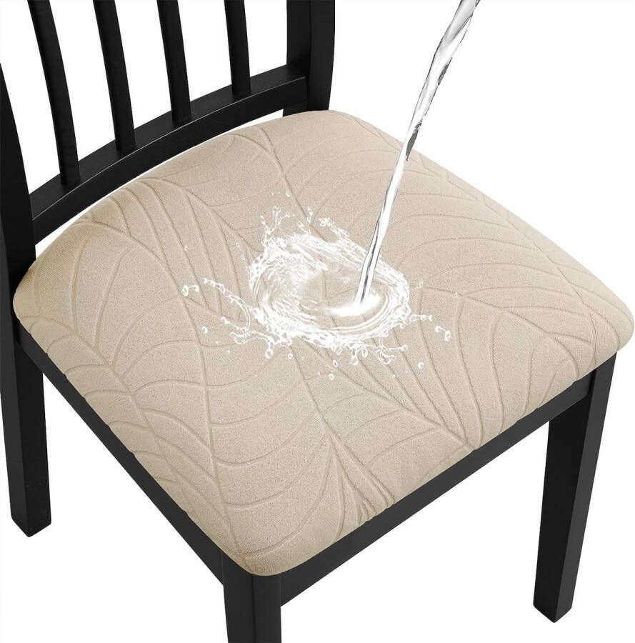 Jacquard Eetkamerstoel Stoelhoezen Stretch Spandex Geen rugleuning Eetkamerstoel Stoelbeschermer Hoes Verwijderbaar Wasbaar voor hoge bureaustoelen Crème Blad 4 stuks YISUN
