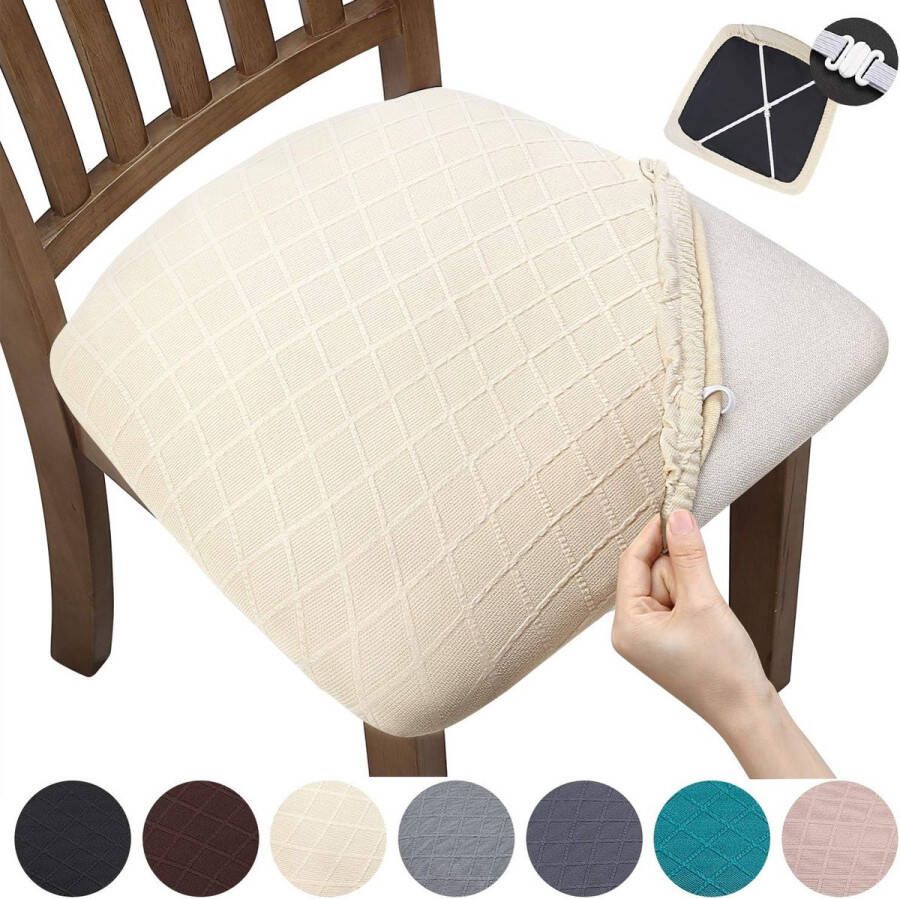 Jacquard Eetkamerstoel Stoelhoezen Stretch Spandex Geen rugleuning Eetkamerstoel Stoelbeschermer Hoes Verwijderbaar Wasbaar voor hoge bureaustoelen beige 4 stuks