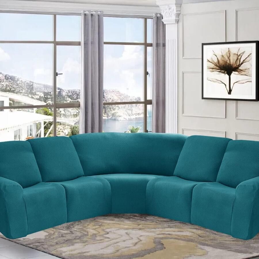 Jacquard Elastische Hoekbankhoes Antislip Geschikt voor 5-zits Cyaan