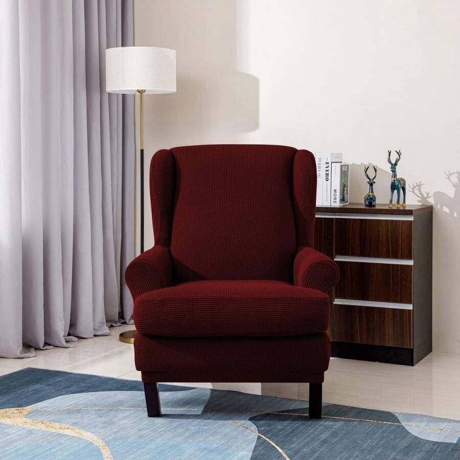 Jacquard Leunstoelhoezen stoelovertrek fauteuil overtrek stoelhoes elastisch stretch hoes voor oorfauteuil (Wijn rood)