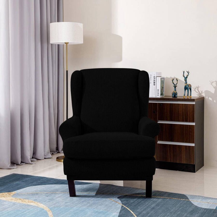 Jacquard Leunstoelhoezen stoelovertrek fauteuil overtrek stoelhoes elastisch stretch hoes voor oorfauteuil (Zwart)