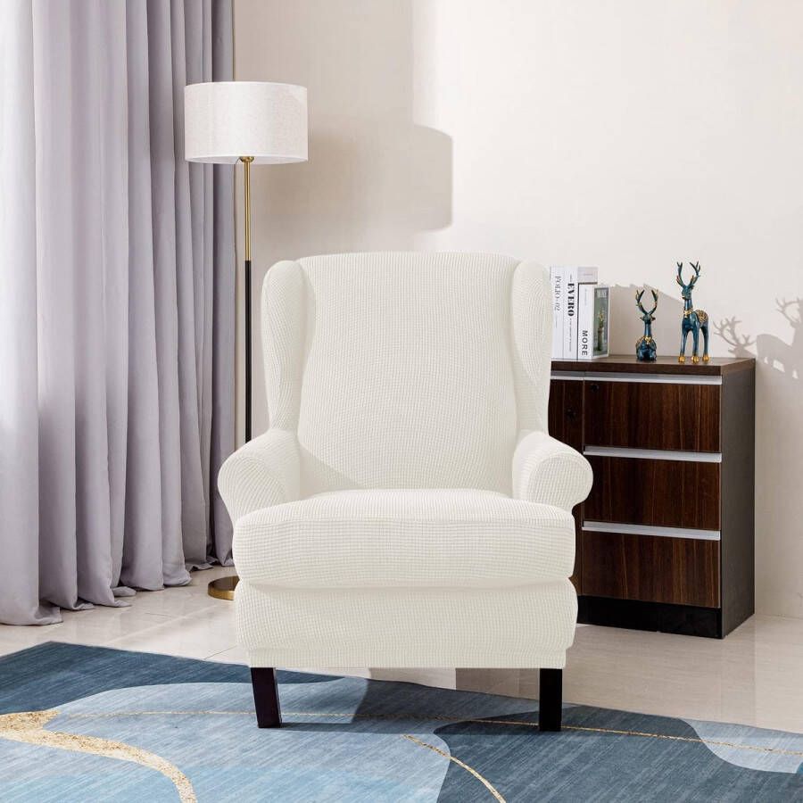 Jacquard Leunstoelhoezen stoelovertrek fauteuil overtrek stoelhoes elastisch stretch hoes voor oorfauteuil (Roomwit)