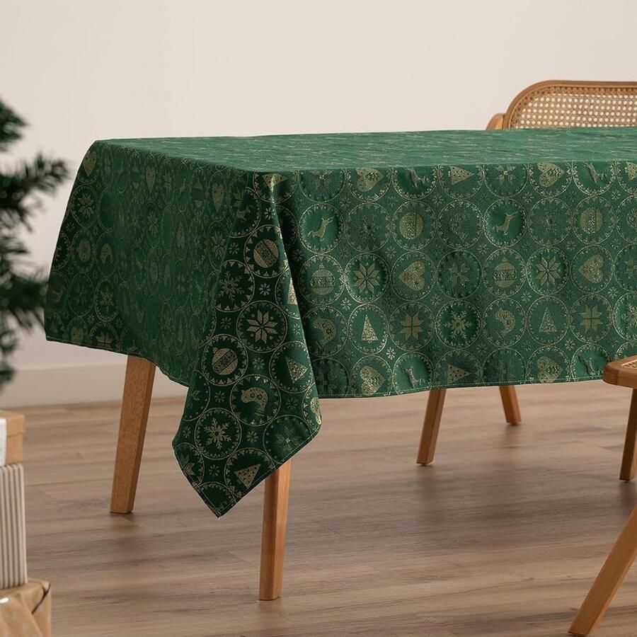 Jacquard Tafelkleed Groen Kerstdecoratie 140 x 240 cm Katoen
