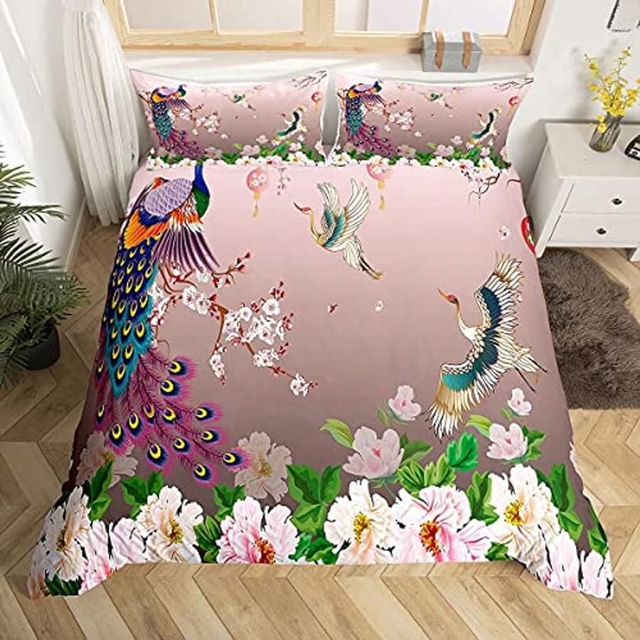 Japanse stijl dekbedovertrek met bloemenpatroon en kraanvogel decoratie voor eenpersoonsbed