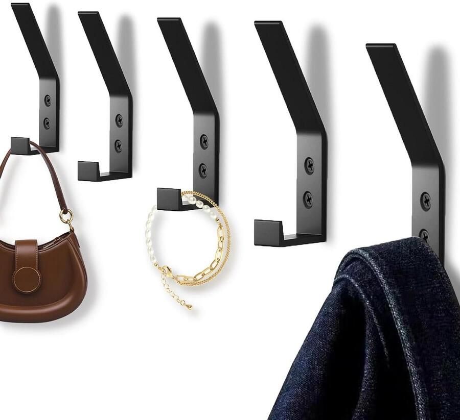 Jashaken Kledinghaken Haakjes om te Schroeven Moderne Kapstokhaken Wandhaken Garderobehaken met Schroef Hoge Sterkte Haken voor Keuken Badkamer en Woonkamer Zwart (Zwart) 5 Stuks