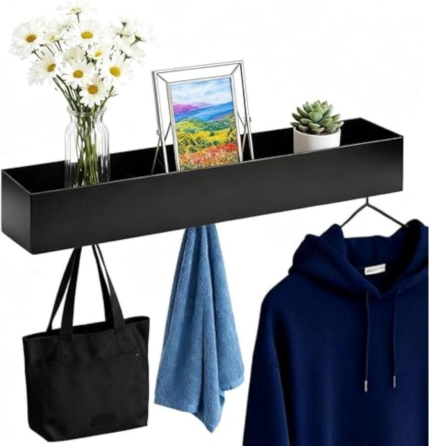 Jashouder voor aan de muur kapstok met 5 haken en plank stabiele kapstok voor hal slaapkamer en gang verborgen wandgarderobe zwart