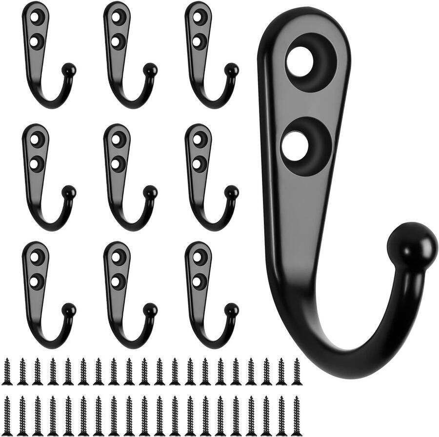JatilEr schroefhaken 10 stuks zwarte kapstokhaken zeer sterke wandhaken wandkapstokhaken met 2 sets schroeven voor slaapkamer badkamer kledingkast woonkamer