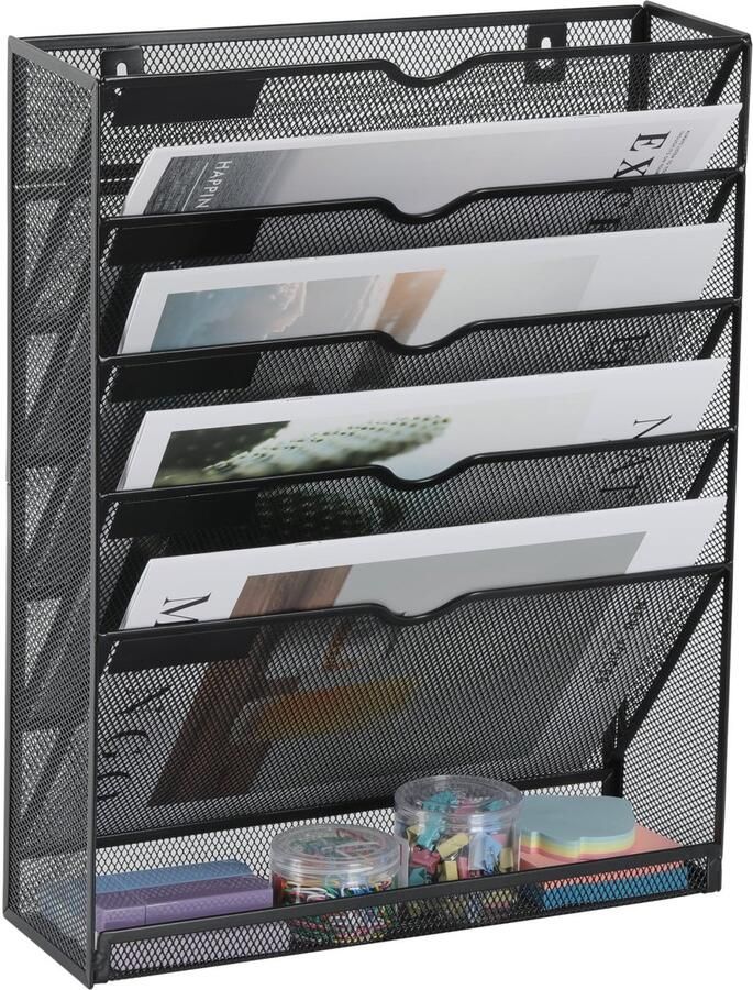JEBELE 6-vaks tijdschriftenhouder wandplank voor mappen hangmap organizer wandopbergvakken met vlakke bodem ordnerlabels metaal zwart