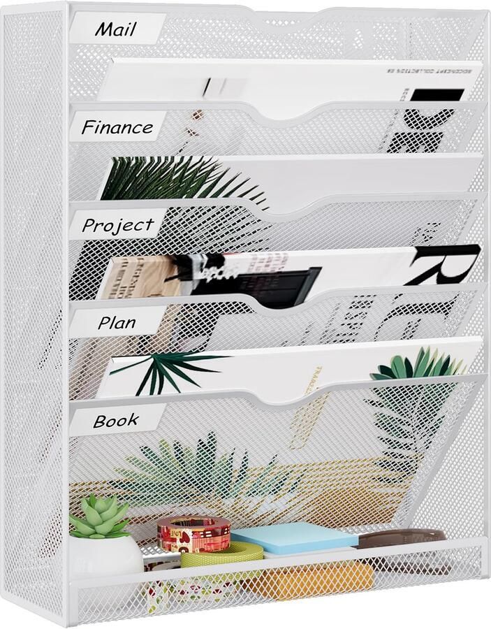 JEBELE 6-vaks tijdschriftenhouder wandplank voor mappen hangmap organizer wandopbergvakken met vlakke bodem ordnerlabels metaal wit