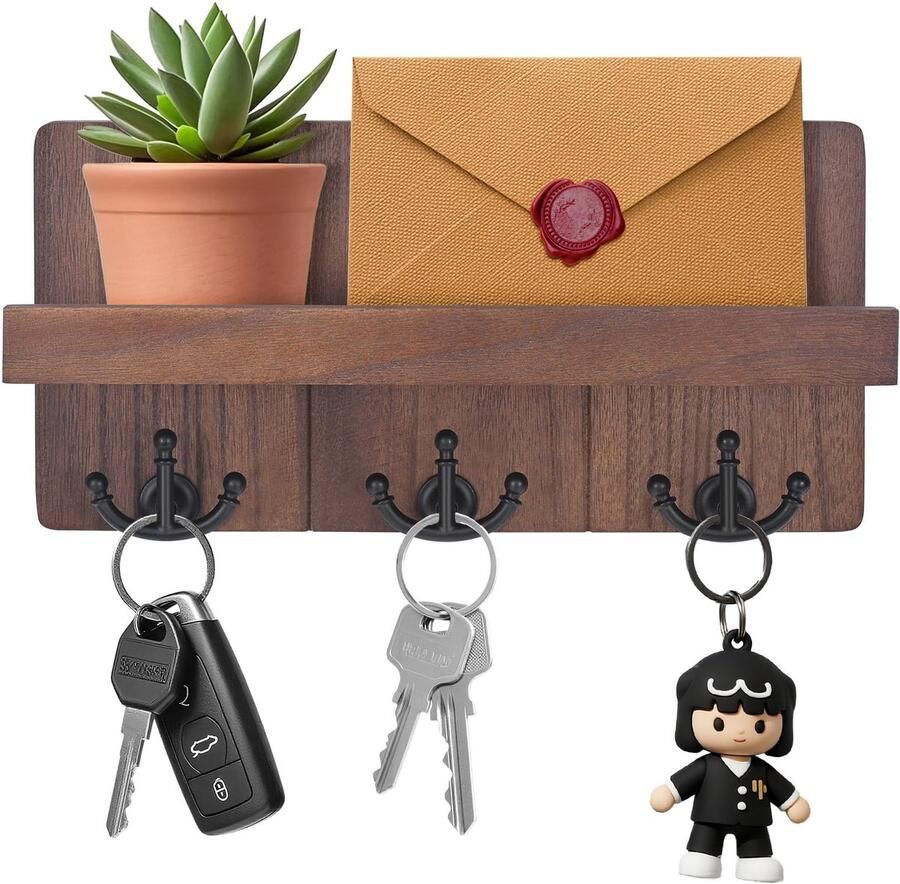 Jemyxhw Sleutelrek met Plank Houten Sleutelhouder met 3 Dubbele Sleutelhaken Witte Wandplank Decoratieve Plank voor Entree Bijkeuken Gang Slaapkamer Woonkamer (Bruin)