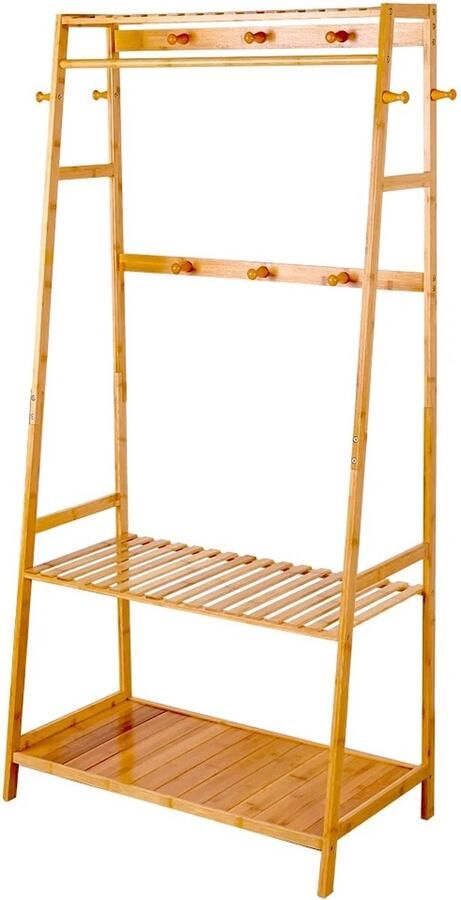 Jermore Bamboe Kledingrek Stevig Kledingstuk Organizer Met Planken & Haken Ideaal Voor Jas Schoenen & Accessoires Totale Capaciteit 100 kg 80x43.5x165 cm