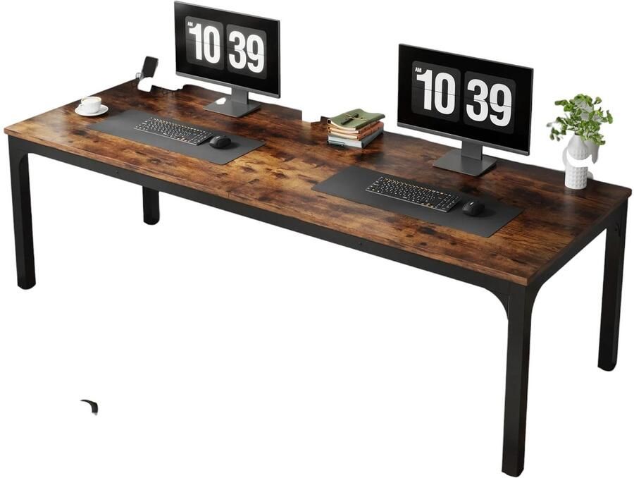 JerMore Dubbel Computerbureau – Industriële Stijl – Houten Bureaublad met Stalen Frame – Voor 2 Personen – 200x70x75 cm