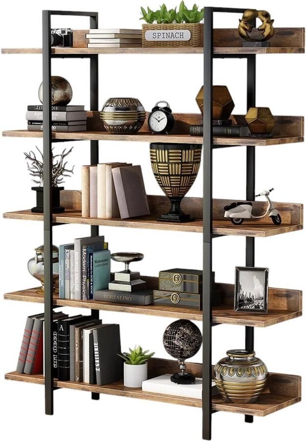 JerMore Industriële Boekenkast 5-Lagen – 105x33x180 cm – Vintage Metaal & Hout – Voor Woonkamer Slaapkamer of Kantoor