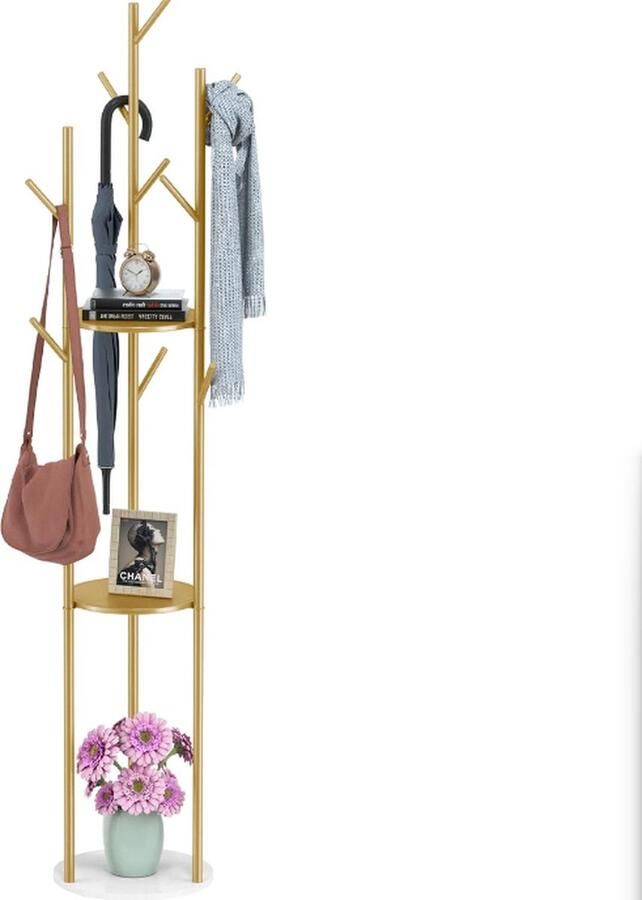 Jermore Kapstok Kapstokken Vrijstaande Kapstok Metalen Kapstok Met Marmelook Voet en Legplanken 9 Haken L 31.7 x B 31.7 x H 172.5 cm Goud kapstok staand