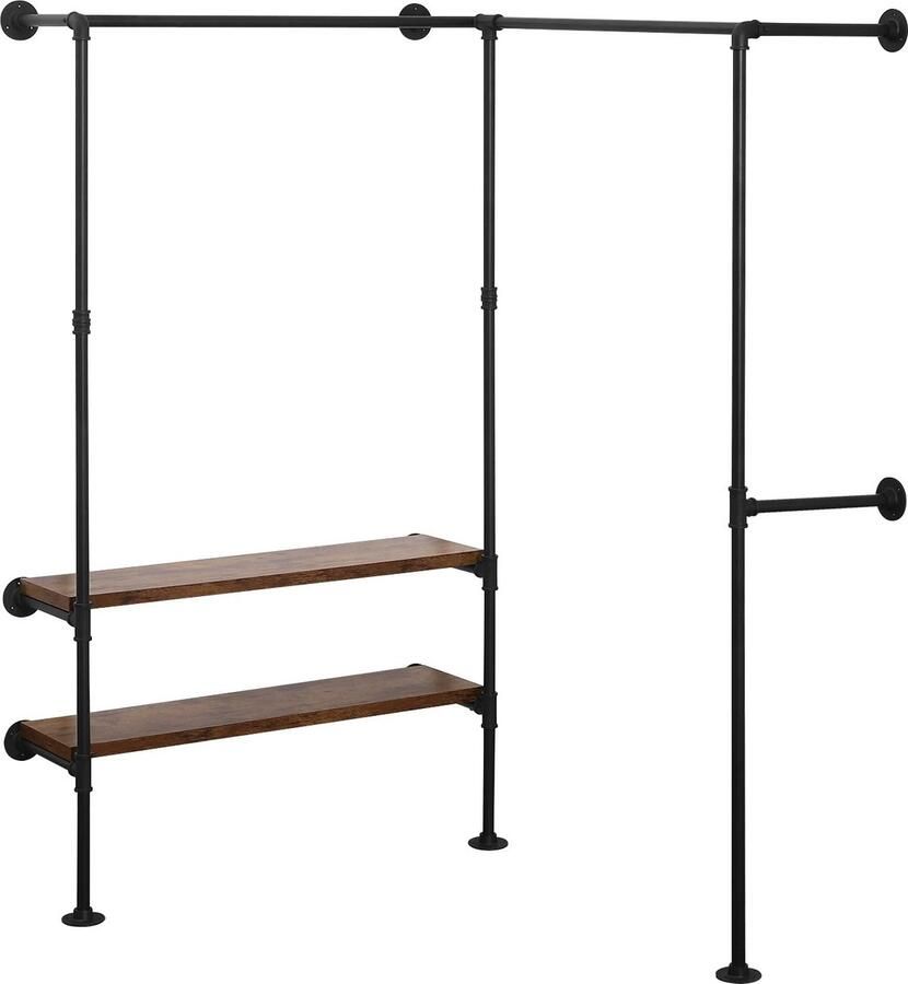 Jermore Muur Gemonteerde Kledingrek Industriële Stijl Zwart & Vintage Houtnerf 130.5x187x130.5 cm