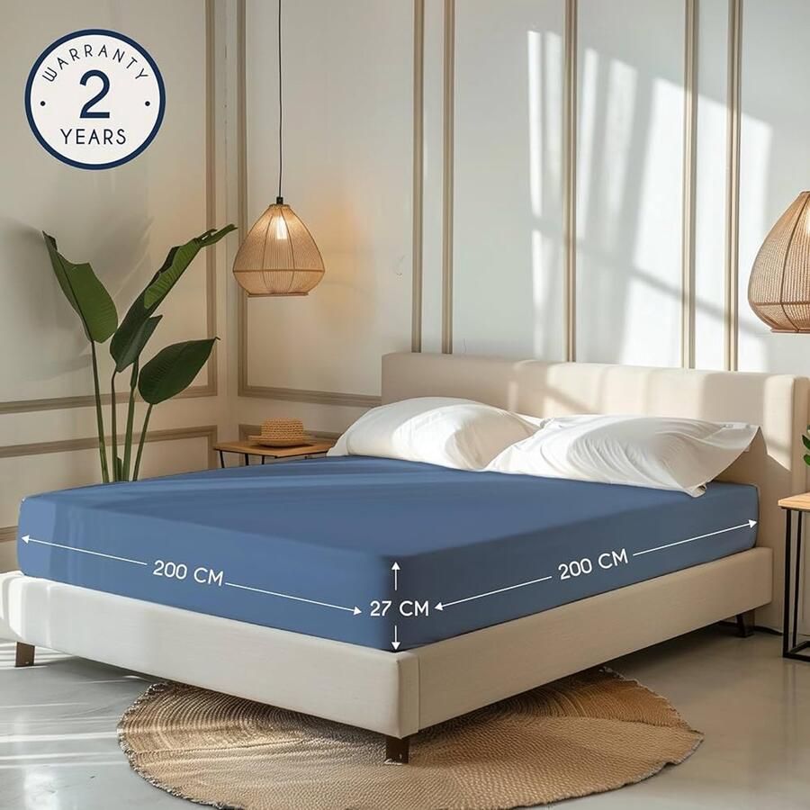 Jersey Katoenen Hoeslaken Blauw Geschikt voor Matras 200 x 200 x 27 cm Vrij van Chemische en