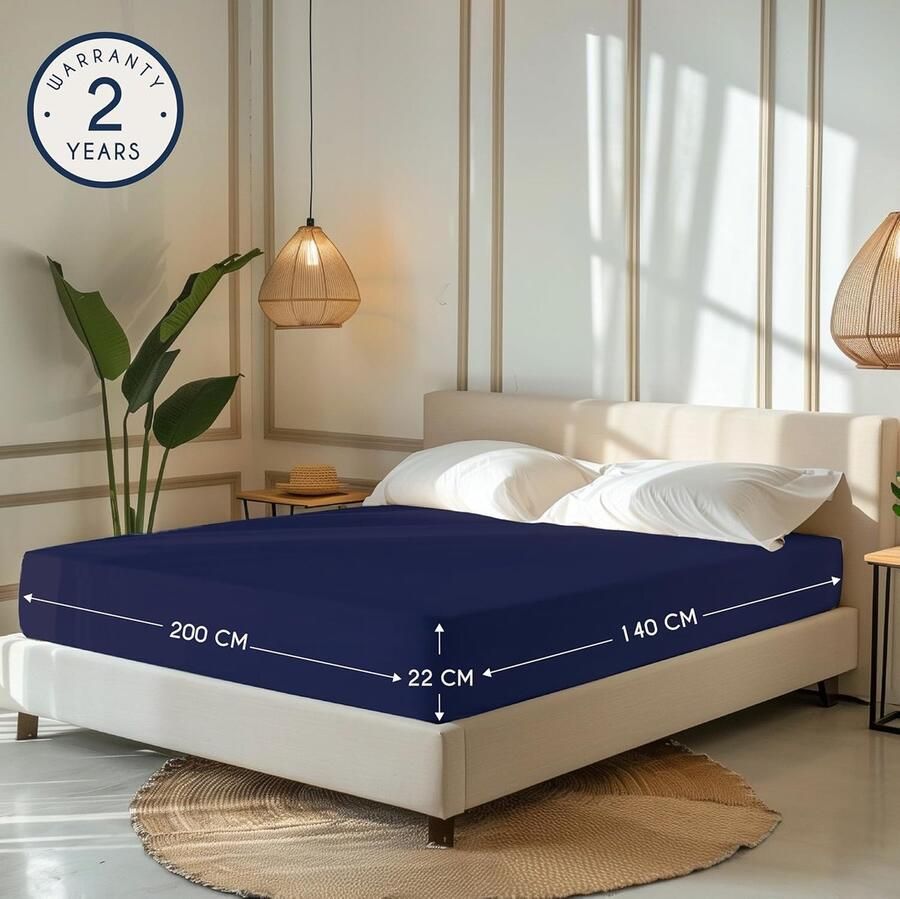 Jersey katoenen hoeslaken donkerblauw – Voor matras 140 x 200 x 22 cm – Gecertificeerd vrij van chemicaliën (OEKO-TEX) – Hoeslaken met volledig elastiek