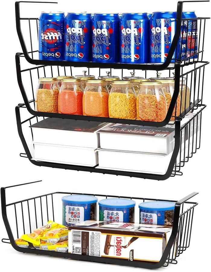 JGS Premium 4-delige set zwarte opbergmanden voor onder plank keukenkast bijkeuken badkamer opberger