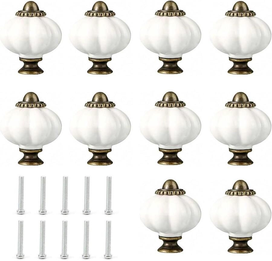 Allecto Premium Vintage Ladeknoppen Set van 10 stuks in Witte Pompoenkleur voor Kasten en Commodes. Voeg een Vleugje Nostalgie Toe aan Jouw Interieur