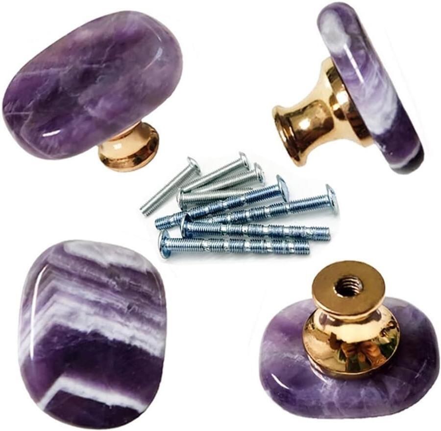 JGS Premium Paarse Amethist Steen Dressoir Knoppen Set Edelsteen Kast Handgrepen Meubeldeur DIY Inclusief Schroeven