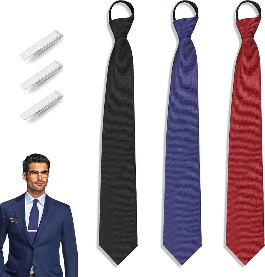 JGS Premium Set van 3 Heren Stropdassen met Rits en Stropdasklemmen Voor Bruiloft Kantoor School