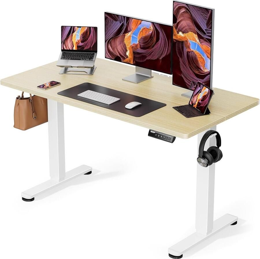 JGS Verstelbare Bureau 120 x 60cm Ergonomische Sta-Zit Tafel Computertafel voor Thuis Kantoor Natuurlijk Kleur