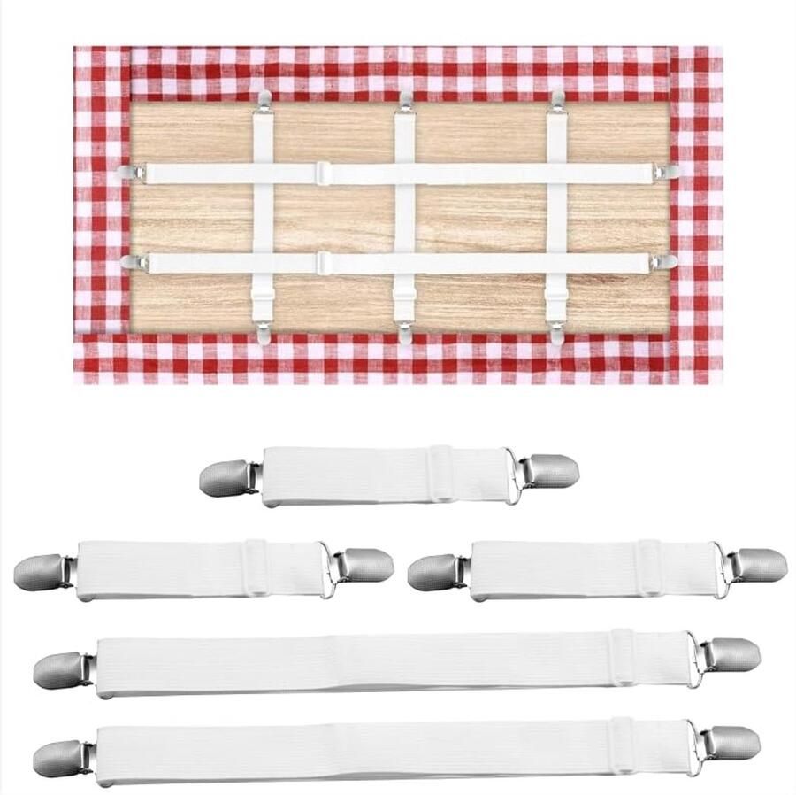 JJZGPP Tafelkleedhouders Verborgen Bandjes Verstelbare Elastische Banden Tafelbeschermclips Tafelklemmen Buitentafelklemmen voor Tuintafels Restaurant Wit Verpakking van 5