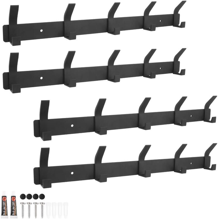 JMIATRY 4-pack wandkapstokhaken zwarte kapstok 43 cm wandkapstok met 5 haken voor badkamer slaapkamer badkamer en keuken