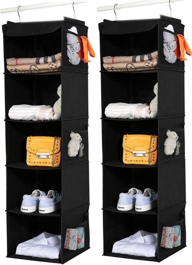 Jo Garderobe organizer set van 2 hangende houders met 5 compartimenten en 6 zijvakken voor kleding Zwart (Nieuwe titel met toevoeging van zoekwoorden en verwijdering van merknaam) kledingkast