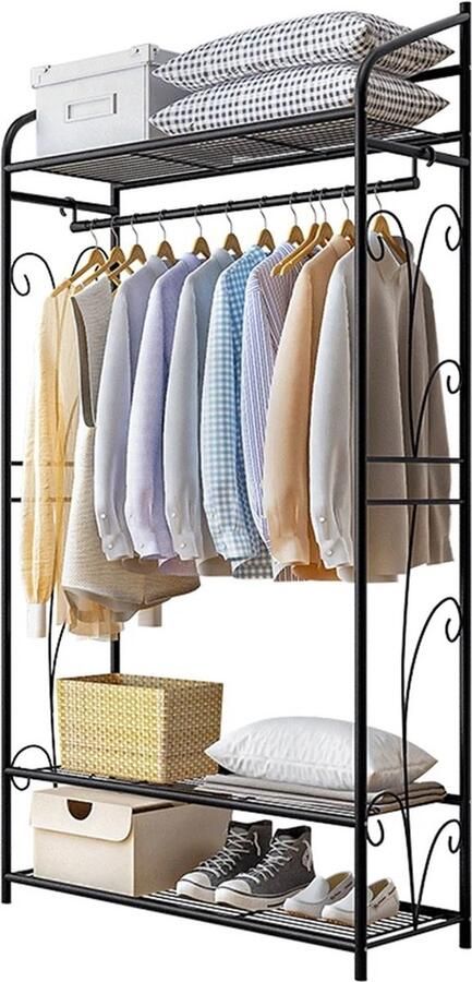 Jo-Jo s 4U Kledingrek Zwart Metalen Rek kledinghanger met schoenenrek Zware kleding Rail garderoberek kledingstandaard stabiel kledingstang ophangrek kleding Zwart