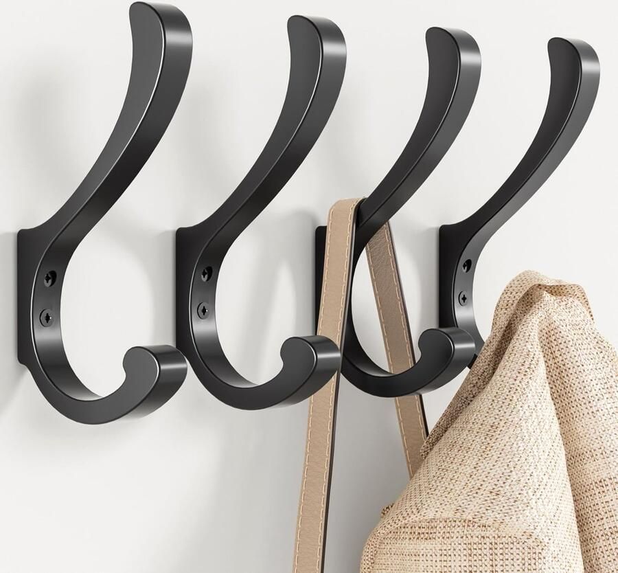 Jockcaras 4-pack wandhaken zwart Robuuste kapstokhaken voor wandmontage ophanghaken met schroeven voor jassen handdoeken rugzakken tassen