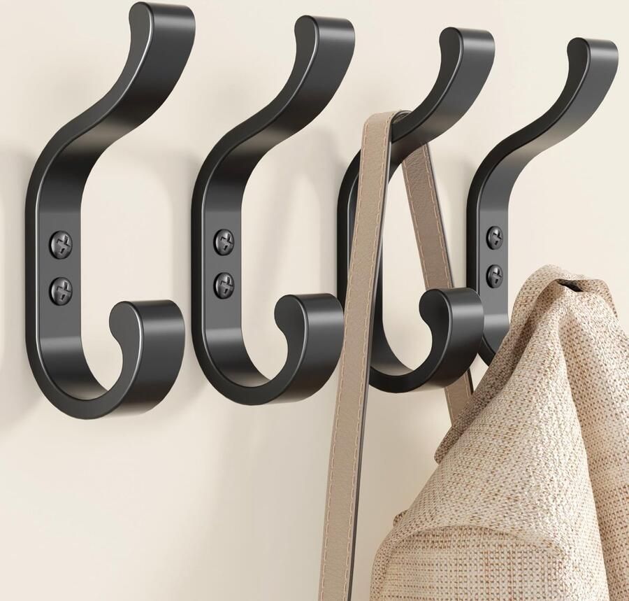 Jockcaras Zwarte kapstokhaken om te schroeven 4 wandhaken voor hal badkamer en garderobe geschikt voor jassen rugzakken en handdoeken